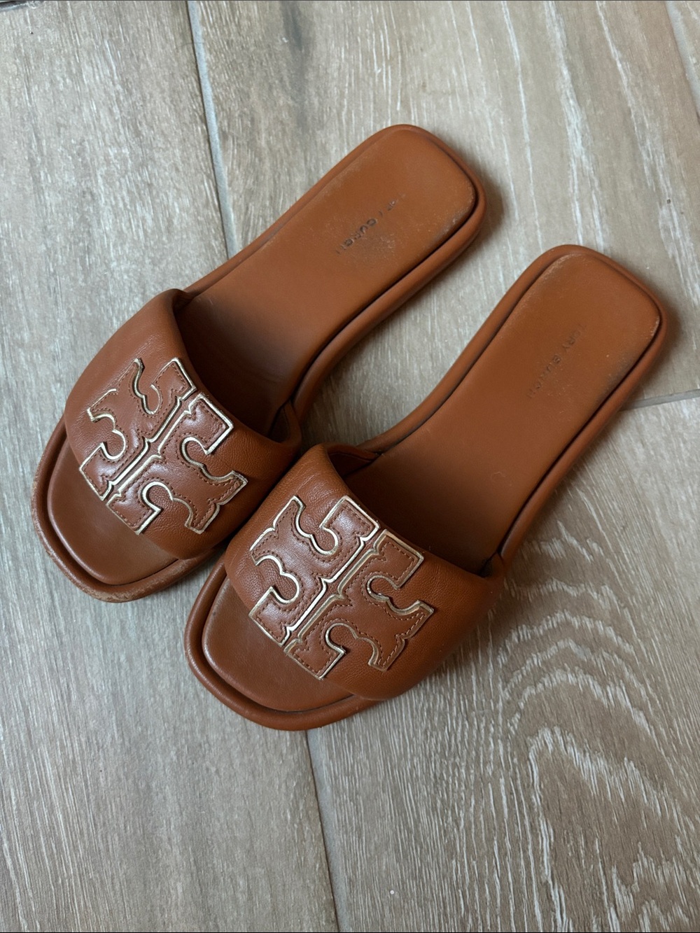 Tory Burch Double-T Sport Slide Sandals – Bourbon Miele Gold – Size 7